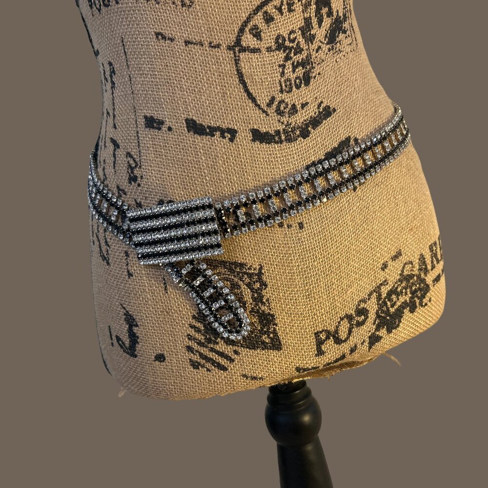 VTG 1950s Rhinestone Belt Silver Tone Black Clear Crystal 34" L Fits 30-32 Waist